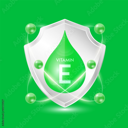 Vitamin E green drop inside aluminum shield with atom surround. Minerals and vitamins complex protect the body stay healthy. For nutrition products food. Vector EPS10 illustration.