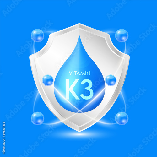 Vitamin K3 blue drop inside aluminum silver shield with atom surround. Minerals and vitamins complex protect the body stay healthy. For nutrition products food. Vector EPS10 illustration.