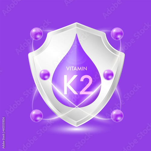 Vitamin K2 purple drop inside aluminum silver shield with atom surround. Minerals and vitamins complex protect the body stay healthy. For nutrition products food. Vector EPS10 illustration.