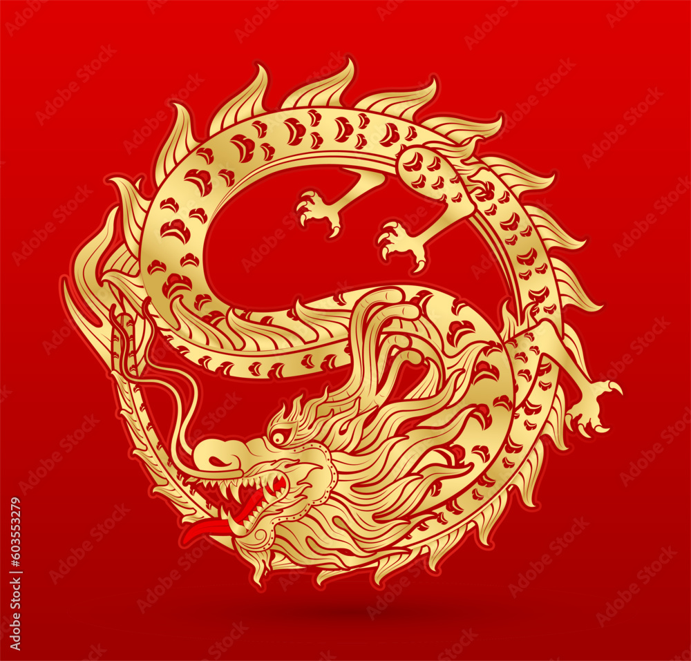 Traditional chinese Dragon gold zodiac sign isolated on red background for card design print media or festival. China lunar calendar animal happy new year. Vector Illustration.