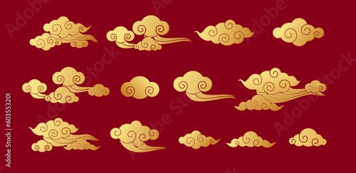 Chinese traditional clouds in glod. Sky pattern ornaments in chinese, korean and japanese oriental style for festival banner or card Chinese new year design. Isolated on red background. Vector.