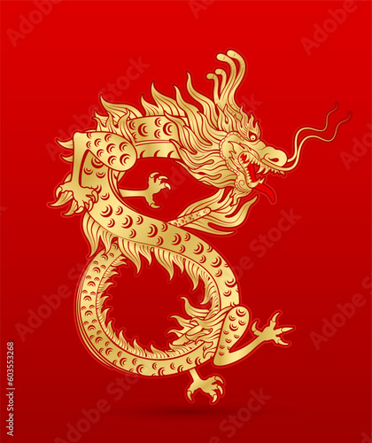 Traditional chinese Dragon gold zodiac sign number 8 infinity isolated on red background for card design print media or festival. China lunar calendar animal happy new year. Vector Illustration.