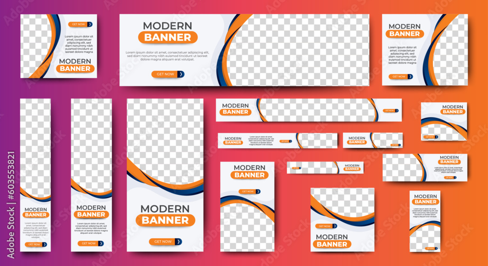 Naklejka premium Templates of Web Banners with place for images. Vertical, horizontal and square banner layouts. Multipurpose web banner ads. vector
