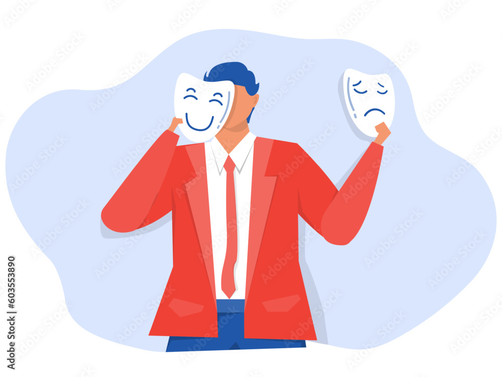 Businessman holding masks different masks happy and sad imposter syndrome,Bipolar disorder; fake faces and emotions. psychology; false behavior or deceiver.vector illustrator Businessman holding masks different masks happy and sad imposter syndrome,Bipolar disorder; fake faces and emotions. psychology; false behavior or deceiver.vector illustrator