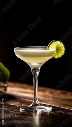 low key shot Daiquiri Cocktail with lime on the top on a wood bar created with Generative AI technology