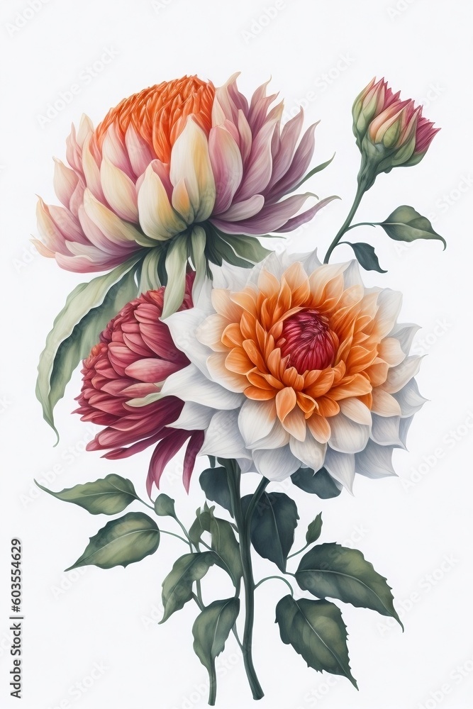 Generative AI, Beautiful Flowers,Dahlias and lilac Flowers,flora design on white background