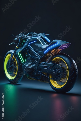 Generative AI, Futuristic Motorbike with led lights mock up on future modern space age motorcycle photo
