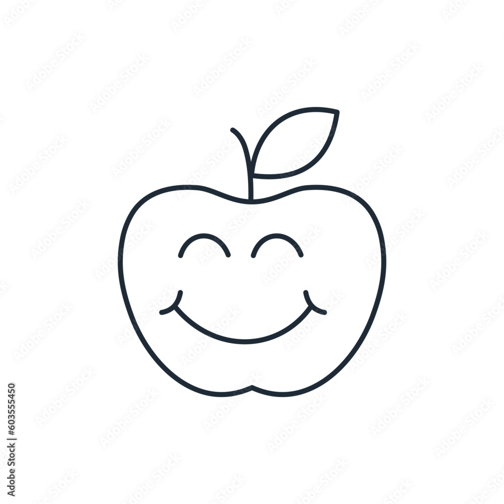 Pretty apple with a smile.Vector linear icon isolated on white background. Pretty apple with a smile.Vector linear icon isolated on white background.