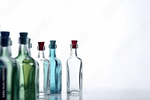 various types of bottles arranged on a wooden table Generative AI
