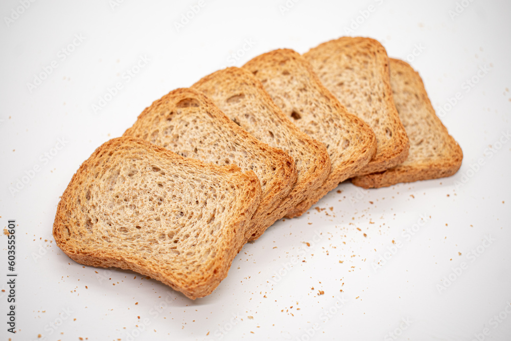 toasted bread slices for breakfast isolated on white studio background