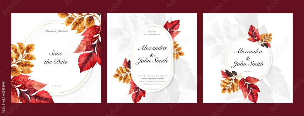 Red floral flower vector watercolor colorfull wedding invitation card template set with golden floral decoration