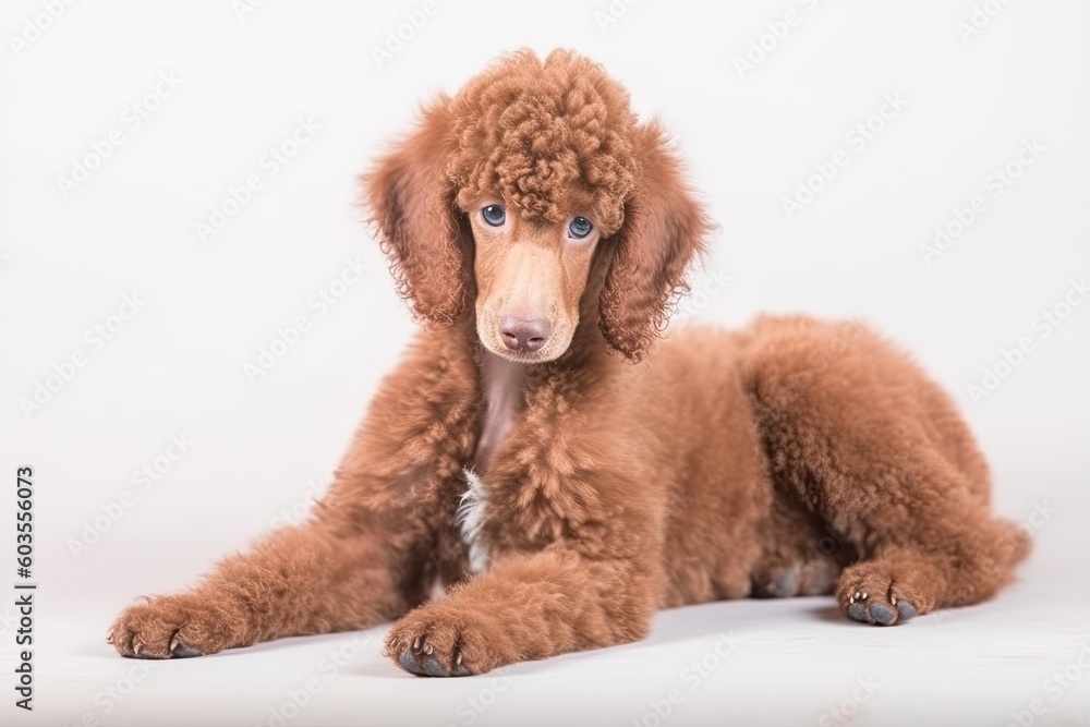 relaxed brown poodle laying on a white surface Generative AI relaxed brown poodle laying on a white surface Generative AI
