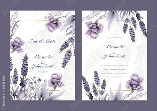 Purple lavender floral flower vector elegant hand drawing wedding invitation floral design watercolor