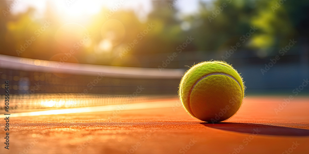 Close-up of tennis ball on the court, Generative AI