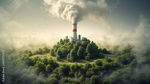 factory smoke covering green forest double exposure global warming climate change photo