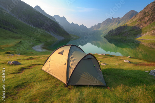 Tent in a mountains near the lake, Generative AI