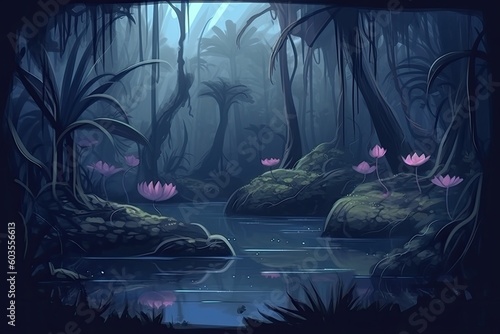 serene swamp landscape with water lilies in full bloom Generative AI