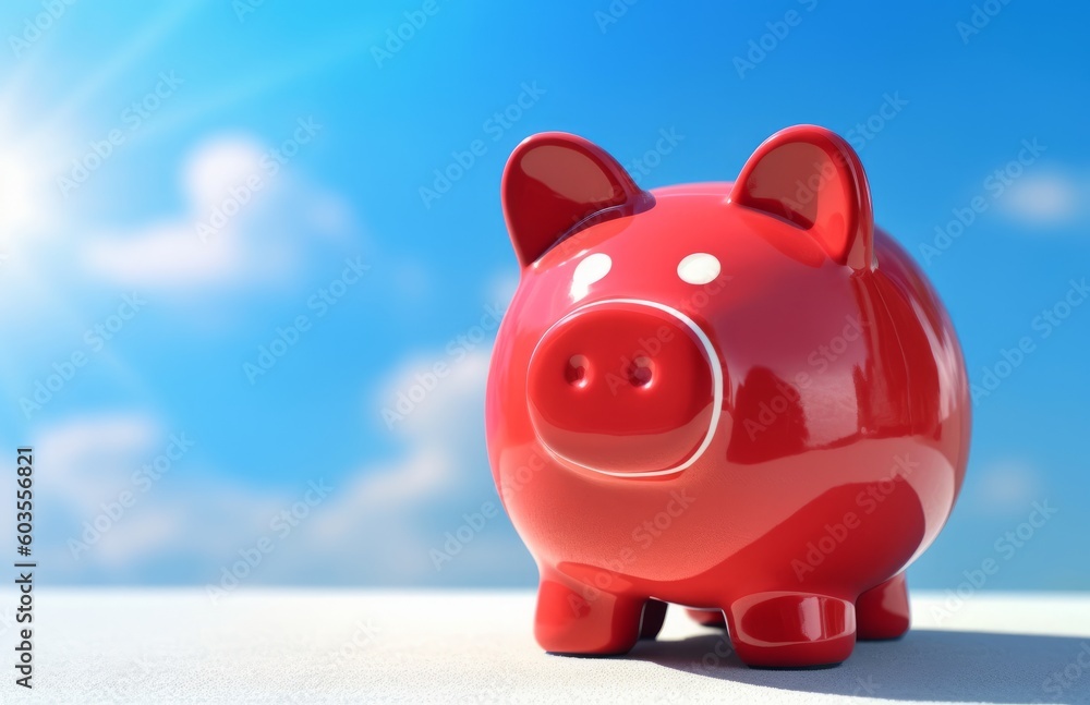 Red piggy bank against blue sky background concept for saving, accounting, banking and business account or sustainable and environmentally friendly finance