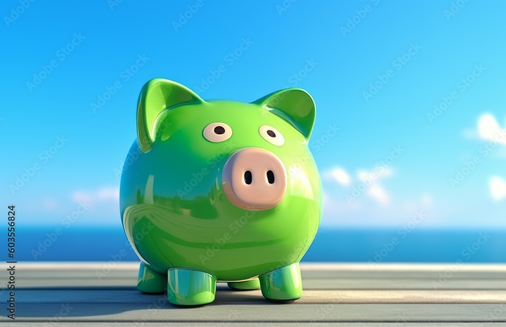 Fototapeta premium Green piggy bank against blue sky background concept for saving, accounting, banking and business account or sustainable and environmentally friendly finance