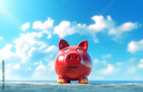 Red piggy bank against blue sky background concept for saving, accounting, banking and business account or sustainable and environmentally friendly finance
