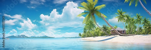 A palm tree adorns a tropical beach, providing a panoramic background created with Generative AI technology