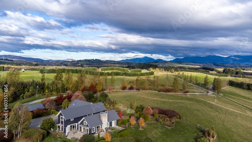 Aerial (drone) photo of sheep farm in Te Anau, New Zealand