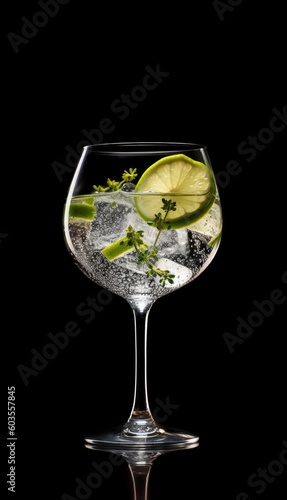 Studio shot of Gin and tonic beverage on black background created with Generative AI technology