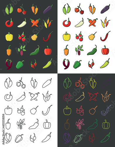 Peppers Colorful, red, yellow, purple and green hot peppers set isolated on white background, colored and black stroke. cartoon mexican pepper, paprika and chilies icon signs. Spicy food symbols  photo