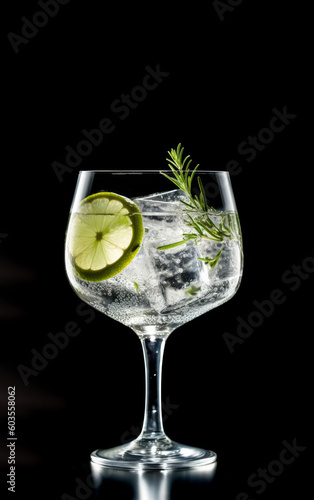 refreshing tasty Gin and tonic on black background created with Generative AI technology