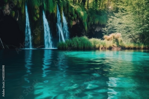 majestic waterfall cascading into a serene body of water surrounded by lush greenery Generative AI