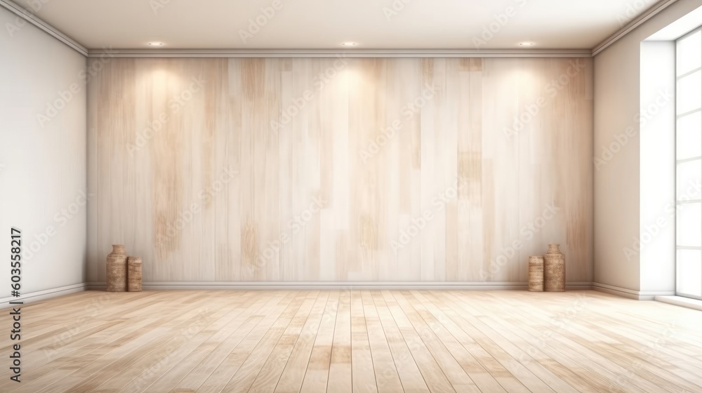 Fototapeta premium Beautiful lighting from white texted wall and light floor. (Generative AI)
