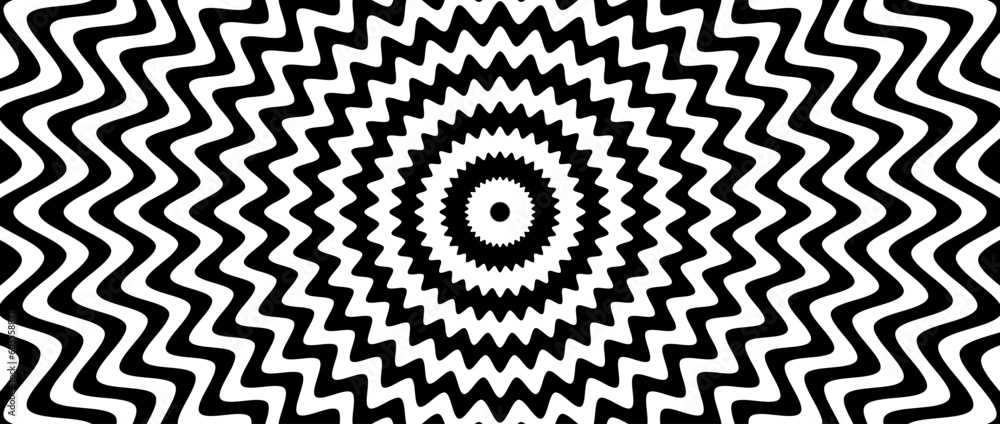 Radial optical illusion background. Black and white abstract wave lines surface. Poster design. Concentric torsion spiral illusion wallpaper. Vector illustration - obrazy, fototapety, plakaty 
