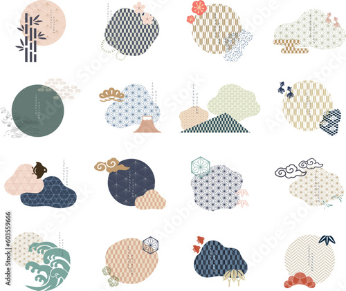Set of geometric modern graphic elements vector. Asian icons with Japanese pattern. Abstract banners with flowing liquid shapes. Template for logo design, flyer or presentation.