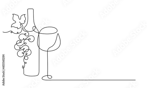 Wine glass, a bottle of wine and grapes. Still life. Sketch. Line draw. Decor