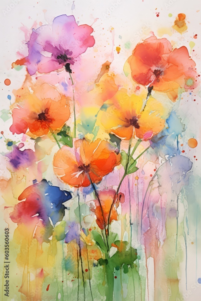 Beautiful colorful wildflowers in a watercolor painted style, splatters, drips and paint stylized flourishes, graphic design asset, generative ai
