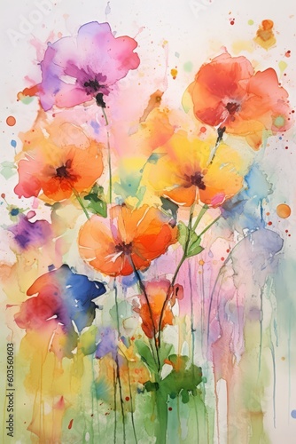 Beautiful colorful wildflowers in a watercolor painted style, splatters, drips and paint stylized flourishes, graphic design asset, generative ai 