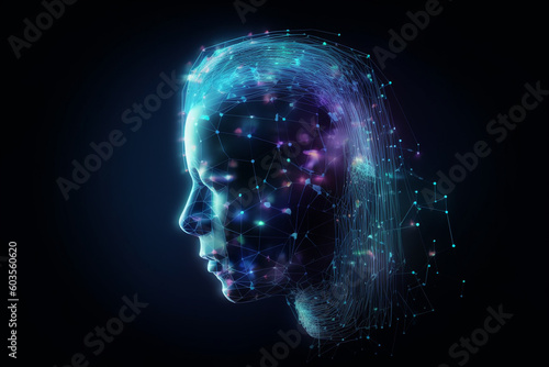 Human, science and technology concept. Abstract human face silhouette and data floating through head illustration. Generative AI