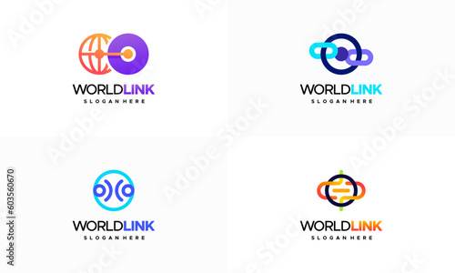 Set of World Link logo designs concept vector, world tech logo, Creative Network Concept Logo Design Template