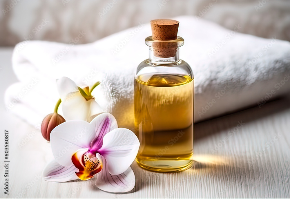 Spa and wellness setting with orchid flowers and oil on white background Spa and wellness setting with orchid flowers and oil on white background
