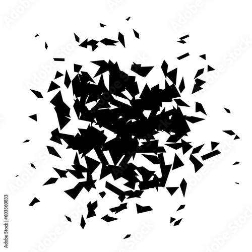 Debris and shatters radial shape. Broken and wrecked specks, speckles and particles. Black pieces explosion and burst. Vector textured element