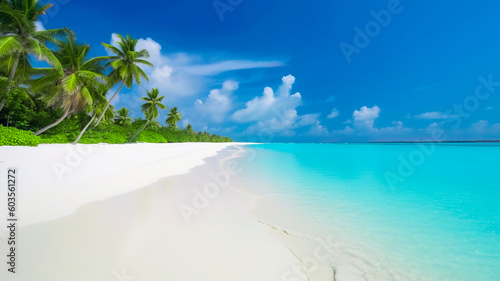 A mesmerizing panorama of Maldives island s tropical beach  with its powdery white sand  turquoise ocean water  and a clear blue sky. Generative Ai