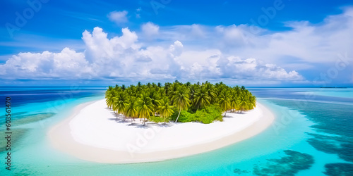 A breathtaking aerial view of Maldives island's stunning tropical beach, featuring crystal-clear turquoise waters, white sand, and palm trees swaying in the breeze. Generative Ai © vladim_ka