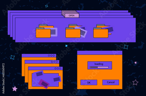 Browser window, desktop. Pop-up windows on the screen of a computer, laptop. Several tabs with an error, redirect to the site. Modal windows, problem loading, unable to open a new page, letter. Vector