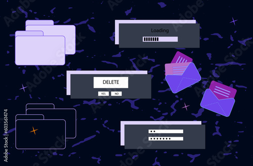 Browser window, desktop. Pop-up windows on the screen of a computer, laptop. Several tabs with an error, redirect to the site. Modal windows, problem loading, unable to open a new page, letter. Vector