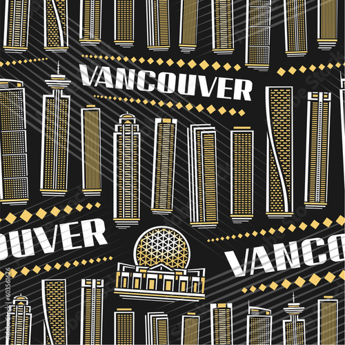 Vector Vancouver Seamless Pattern, repeat background with illustration of famous vancouver city scape on dark background for wrapping paper, decorative line art urban poster with white text vancouver