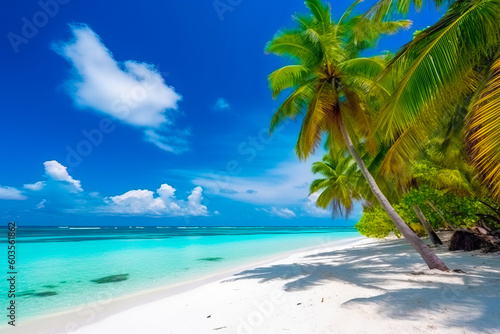 A picturesque scene of Maldives island's tropical beach, with palm trees, white sand, and turquoise ocean waters glistening in the sunlight. Generative Ai