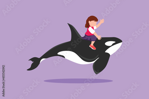 Character flat drawing of bravery little girl riding orca. Adorable kids sitting on back whale killer in deep zoo swimming pool. Whale killer or orca in deep water. Cartoon design vector illustration