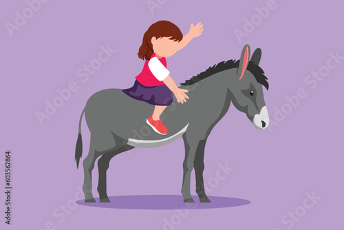 Cartoon flat style drawing happy little girl riding donkey at outdoor. Child sitting on back donkey with saddle in ranch park. Adorable kids learning to ride donkey. Graphic design vector illustration