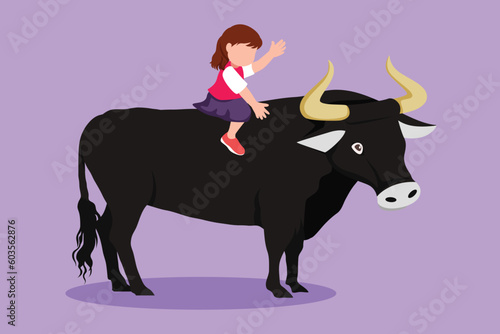 Character flat drawing bravery little girl riding bull at village meadow. Pretty child sitting on back bull with saddle in cowboy ranch. Kids learning to ride bull. Cartoon design vector illustration