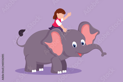 Graphic flat design drawing pretty little girl riding elephant at amusement park. Child sitting on back elephant and travelling. Happy kids learning to ride elephant. Cartoon style vector illustration